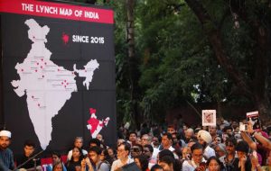 A lynch map on the stage highlighted the states where mob lynchings have taken place since 2015. Photo: Anil Shakya