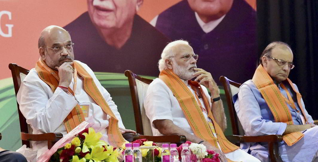(L-R) BJP President Amit Shah, PM Modi and Finance Minister Arun Jaitley