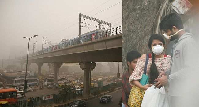 (L-R) A metro train zooms past smog in New Delhi; A couple wearing mask to avoid dangers of smog. Photo: Anil Shakya-1