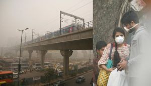 (L-R) A metro train zooms past smog in New Delhi; A couple wearing mask to avoid dangers of smog. Photo: Anil Shakya