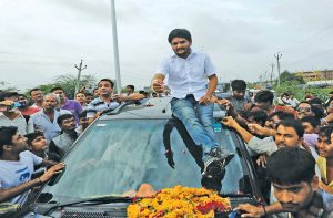 Hardik Patel being welcomed by supporters on arrival at his hometown Viramgam, after his release from Lajpore Central Jail in Surat, this year
