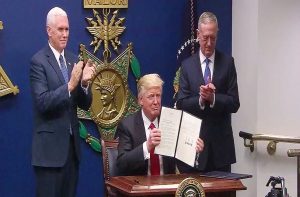 A video grab shows US President Donald J Trump announcing executive order restricting entry of Muslim refugees and immigrants into the US