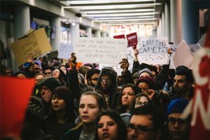 Protesters against President Donald Trump’s immigration order gather at O’Hare International Airport in Chicago, Illinois, on Jan. 28, 2017. (Dakota Sillyman/NurPhoto/Sipa USA via AP Photo)