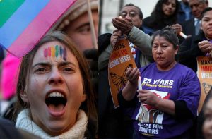 (L-R) Members of the LGBT community protest against Trump’s policies in New York; a vigil against the travel ban in Los Angeles. Photos: UNI
