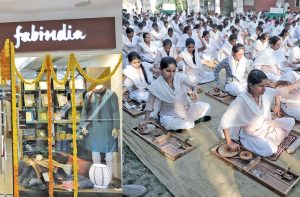 (L-R) A Fabindia store; Students of Gujarat Vidhyapith spining charkhas in Ahmedabad. Photos: UNI
