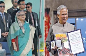 Bangladesh PM Sheikh Hasina’s (left) animosity against Muhammad Yunus dates back to 2007. Photo Sheikh Hasina: UNI; Photo Muhammad Yunus: nobelprize.org