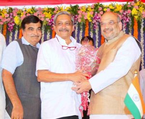 Manohar Parrikar with Amit Shah and Nitin Gadkari at his oath-taking as Goa’s CM. Photo: www.BJP.org