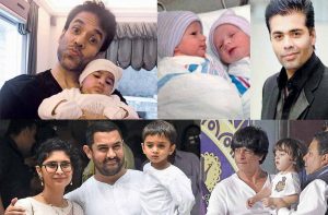 (Clockwise from top left) Tusshar Kapoor, Karan Johar, Aamir Khan and Shah Rukh Khan have had children through surrogate mothers