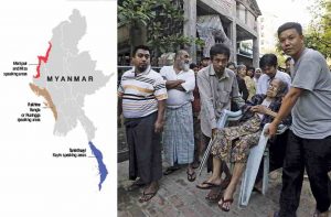 (L-R) A map of Myanmar showing some linguistic areas; voters line up during the general elections in 2015 in a mixed Muslim, Buddhist and Hindu neighbourhood. Photo: UNI