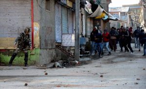 Security forces and stone pelters fighting a pitched battle during intense clashes that erupted at Soura in Srinagar in February