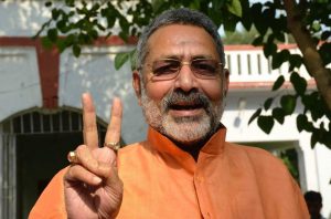 BJP candidate from Nawada Parliamentary constituency Giriraj Singh flashes a victory sign after being granted bail in a case of alleged hate speech in Patna. Photo: UNI