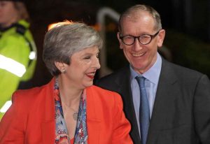 Britain’s Prime Minister Theresa May and her husband Philip arrive at the count centre for her seat for the general election in Maidenhead, June 9, 2017. Picture: UNI