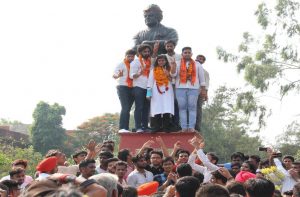 ABVP candidates celebrating after winning two posts in the Delhi University Students Union election, in New Delhi (file picture). Photo: UNI