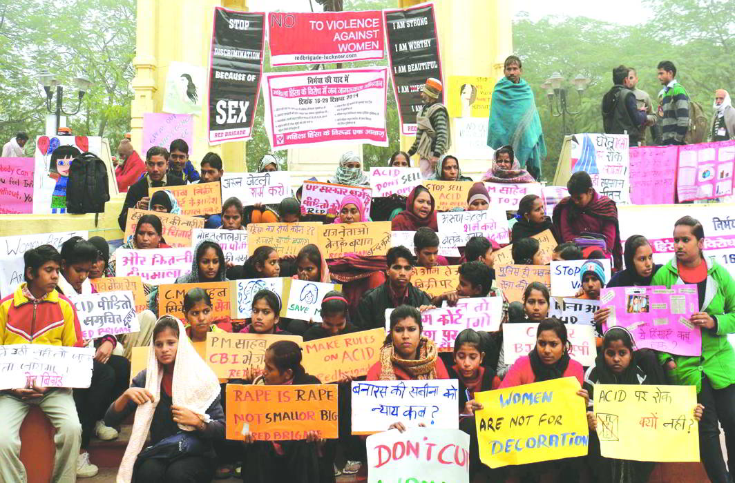 Red Brigade members on dharna in Lucknow, demanding steps to check violence against women. Photo: UNI