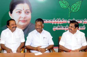 Tamil Nadu Chief Minister K Palaniswami and Deputy Chief Minister O Panneerselvam, along with senior AIADMK leaders at a party meeting. The EC has ruled in the favour of the OPS-EPS faction.