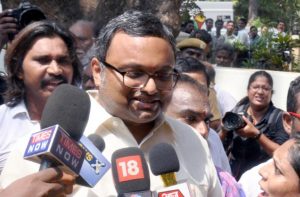 Karti Chidambaram, son of former Union Finance Minister P Chidambaram talking to mediapersons during the CBI raids at his residence, in Chennai (file picture). Photo: UNI