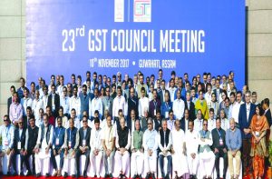 (Left) Finance Minister Arun Jaitley (10th in first row from left) in a group photo during the 23rd GST Council meeting at Guwahati. Photo: PIB
