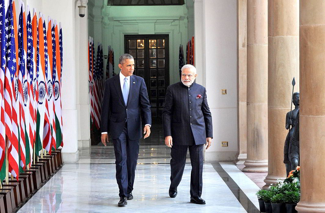 Prime Minister Narendra Modi with U S President Barack Obama at Hyderabad House in New Delhi (file picture). Photo: UNI