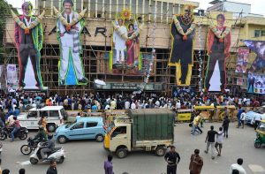 Huge cutouts of Rajinikanth outside a cinema theatre in Bengaluru/Photo: mashable.com