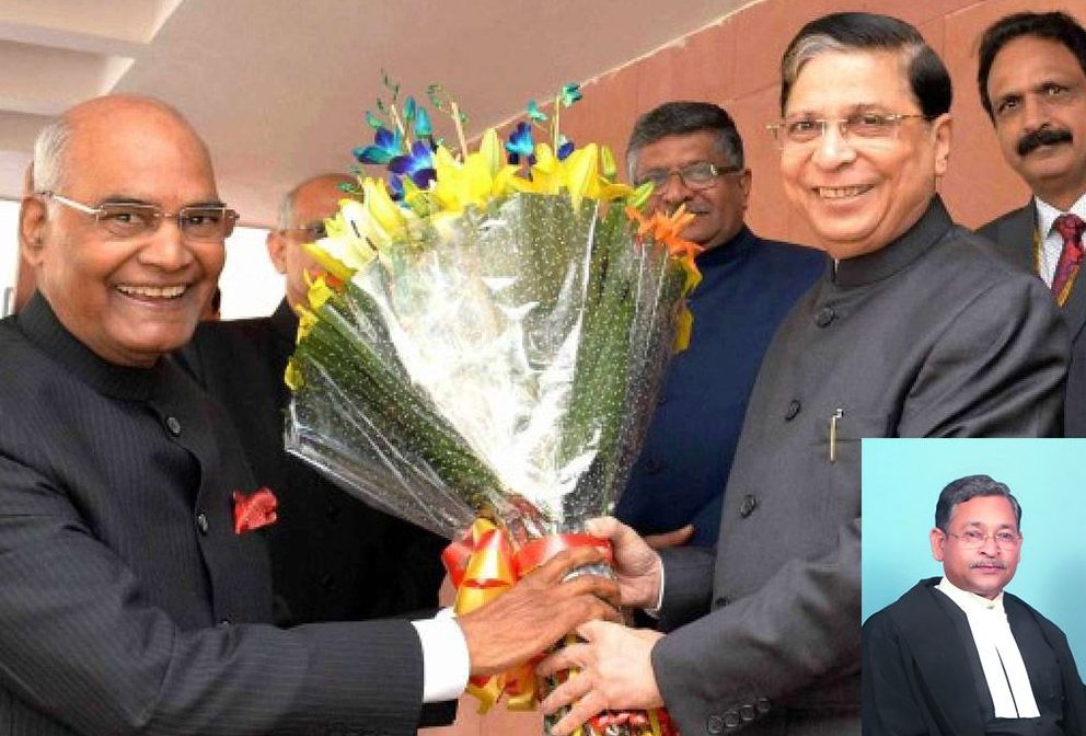 President Ram Nath Kovind with Chief Justice of India Dipak Misra; (inset) Justice SN Shukla of the Allahabad High Court/Photo courtesy: PIB and Allahabad High Court