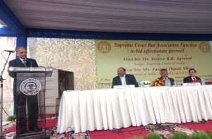 Justice R K Agrawal speaking on the farewell ceremony organized by SCBA in Supreme Court on May 4/Photo: Anil Shakya