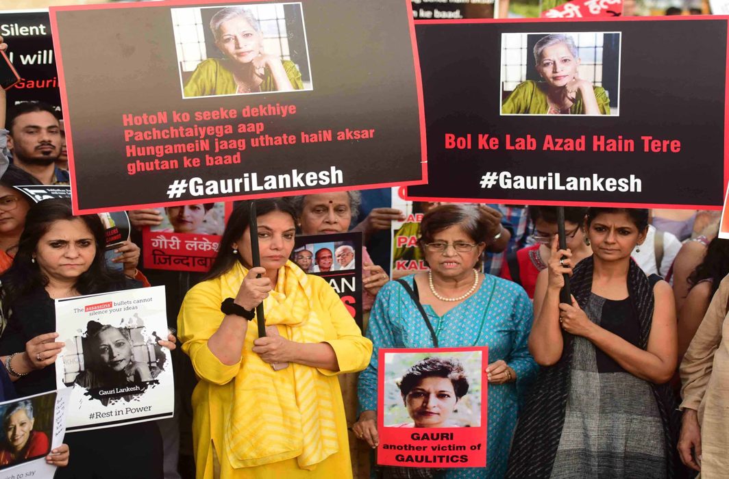 Citizens in Mumbai demand arrest of the killers of journalist Gauri Lankesh who was shot outside her home in Bengaluru