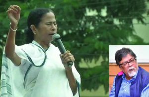Mamata Banerjee addressing a rally today; (inset) Chandan Mitra