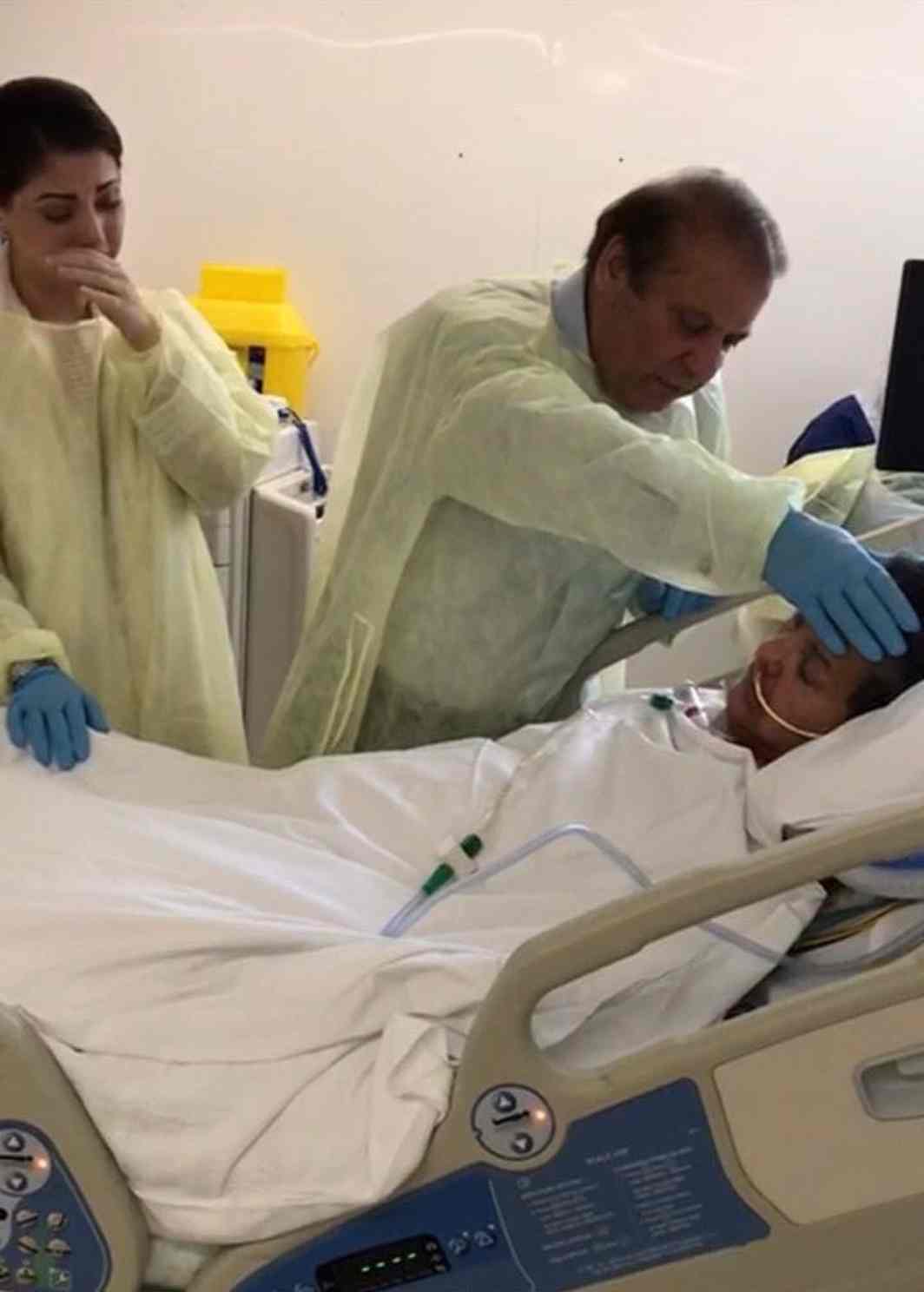 Nawaz and Maryam bid adieu to a comatose Kulsoom at a London hospital; Kulsoom reportedly came out of coma two days after they left for Lahore/Photo: Twitter