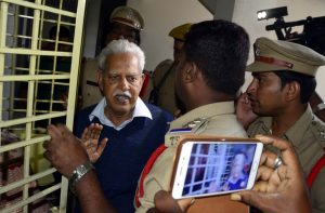 P Varavara Rao upon his return to his Hyderabad residence where he is under house arrest/Photo: UNI