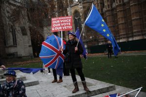 An anti-Brexit protester demonstrates outside the Houses of Parliament in London/Photo: UNI