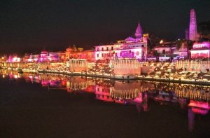 The banks of the Saryu lit up with lakhs of diyas to celebrate Diwali in October 2017/Photo: UNI