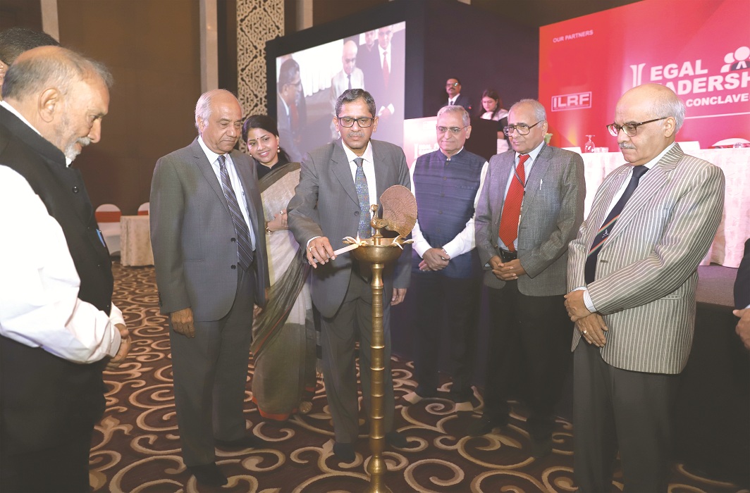 Justice NV Ramana of the Supreme Court lighting the ceremonial lamp at the Legal Leadership Conclave. Also seen are Chief Justice of the Bombay High Court Pradeep Nandrajog (extreme right); former Supreme Court judge Justice BN Srikrishna (first from left); Editor-in-chief, APN, Rajshri Rai (second from left); Editor-in-Chief, India Legal, Inderjit Badhwar (second from right); and former law secretary PK Malhotra (third from right)/All photos: Anil Shakya
