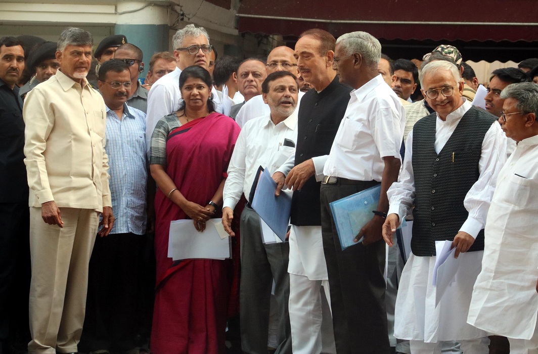 Opposition leaders N Chandrababu Naidu, Arvind Kejriwal, Kanimozhi, Derek O’Brien, Ghulam Nabi Azad and others after meeting the CEC/Photo: UNI