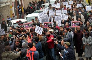 Separatist groups taking out a protest march in Srinagar demanding justice for the Kathua rape and murder victim/Above: UNI
