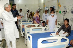 Bihar Chief Minister Nitish Kumar visiting a hospital to reviews the situation prevailing due to Acute Encephalitis Syndrome (AES), in Muzaffarpur on 18 June 2019. Photo by- UNI