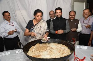 Union Finance Minister Nirmala Sitharaman (left) with Anurag Thakur, Minister of State for Finance & Corporate Affairs during the halwa ceremony ahead of General Budget 2019