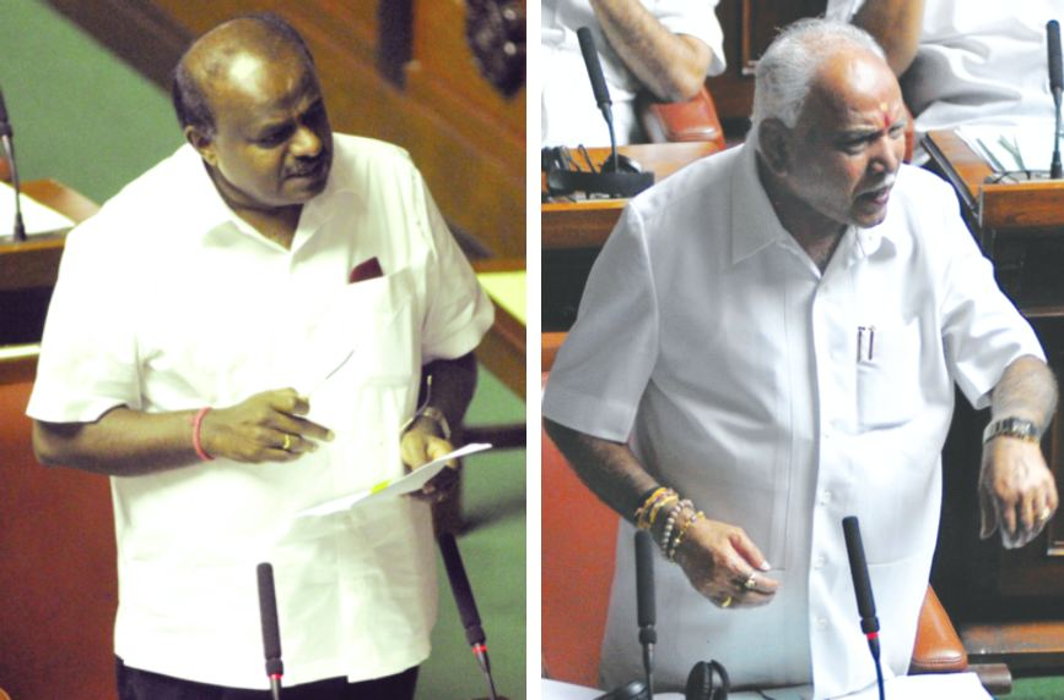 Karnataka CM HD Kumaraswamy (left) and state BJP chief BS Yeddyurappa arguing in the Assembly/Photos: UNI