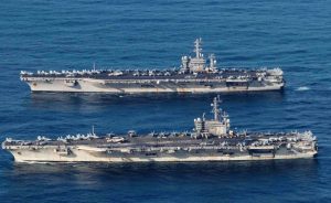 Warships in South China Sea (Nimitz, Ronald Regan, Queen Elizabeth ships