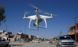 A drone of the Iraqi Army 9th Armoured Mountain Division flies outside their temporary command post in al-Zanjili district in western Mosul