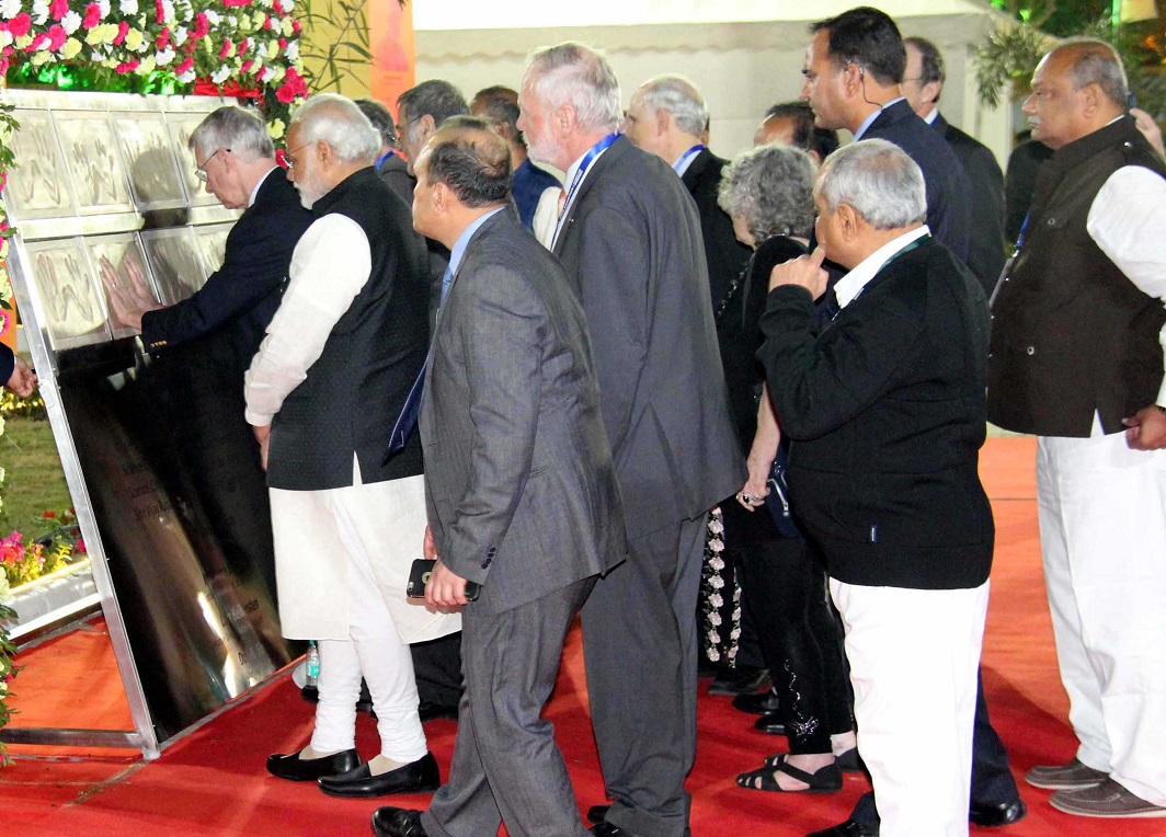 FOR POSTERITY: Prime Minister Narendra Modi and nine Nobel laureates at Science City. Their handprints will be installed on "Nobel Path" at the Nobel Prize Exhibition