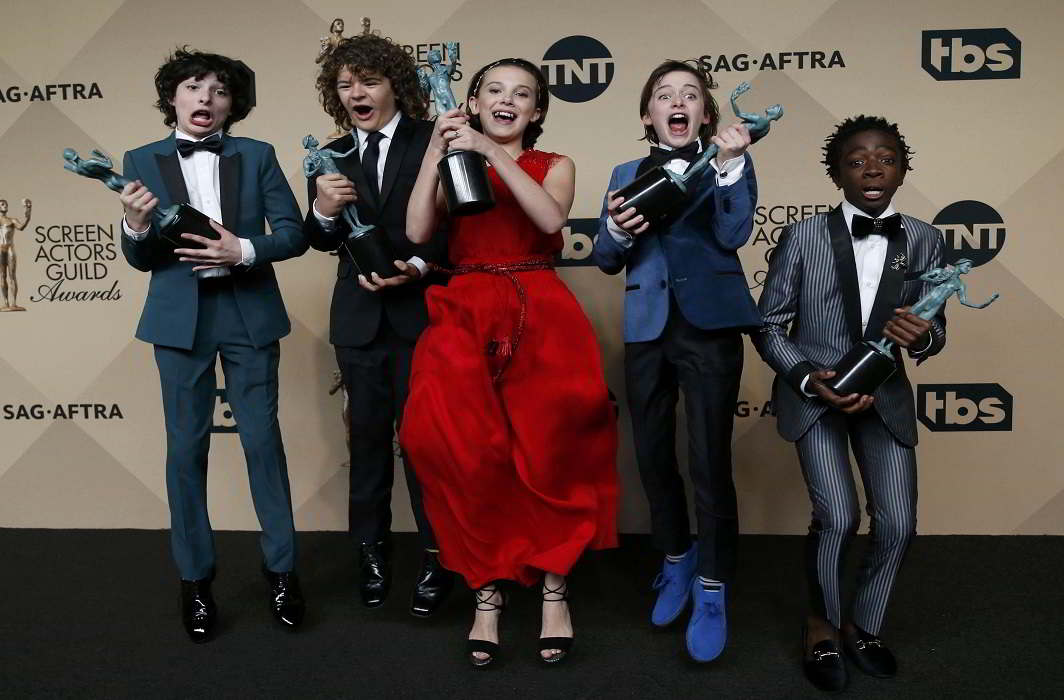 ACCOMPLISHMENT: The cast of Stranger Things poses with the awards they won for Outstanding Performance by an Ensemble in a Drama Series at the 23rd Screen Actors Guild Awards in Los Angeles, California, US, Reuters/UNI