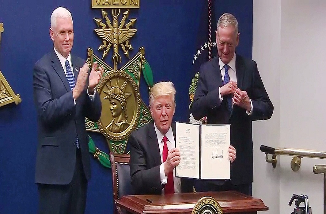 A video grab shows US President Donald J Trump announcing executive order restricting entry of Muslim refugees and immigrants into the US
