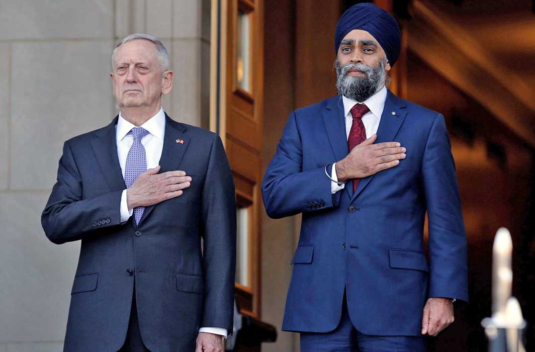 STAND TOGETHER: US defence secretary James Mattis (left) welcomes Canada’s minister for national defence Harjit Sajjan at the Pentagon in Washington, Reuters/UNI