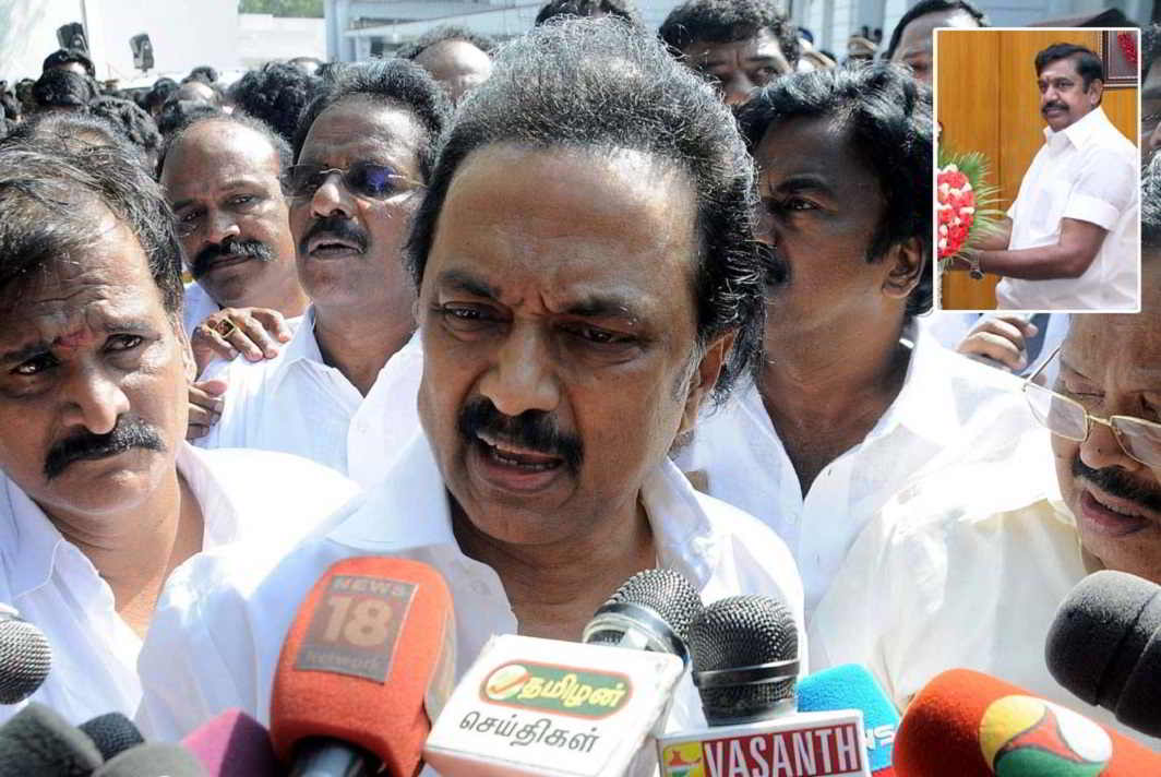 MK Stalin speaks to media-persons after being forcibly evicted from the Tamil Nadu Legislative Assembly on February 20, (inset) the new CM, E Palaniswami