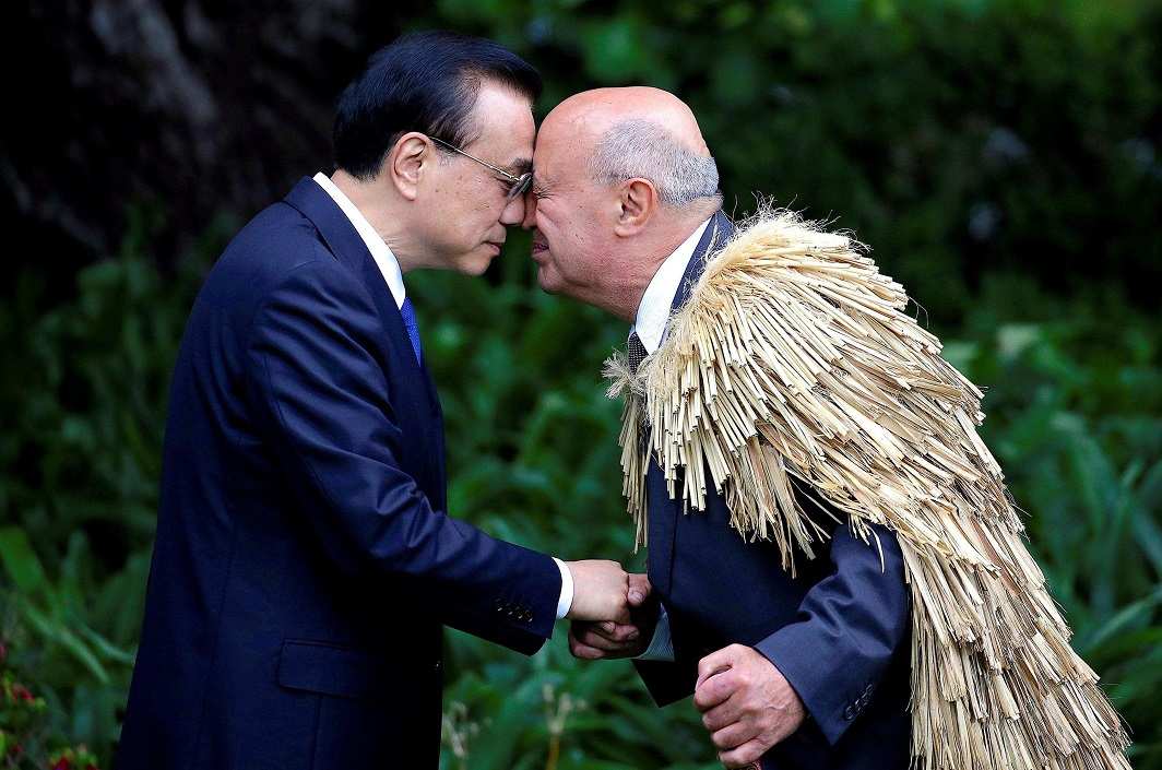 GOOD MORNING: Chinese Premier Li Keqiang receives a hongi, a traditional New Zealand Maori welcome, from Piri Sciascia during an official welcoming ceremony at Government House in Wellington, New Zealand, Reuters/UNI
