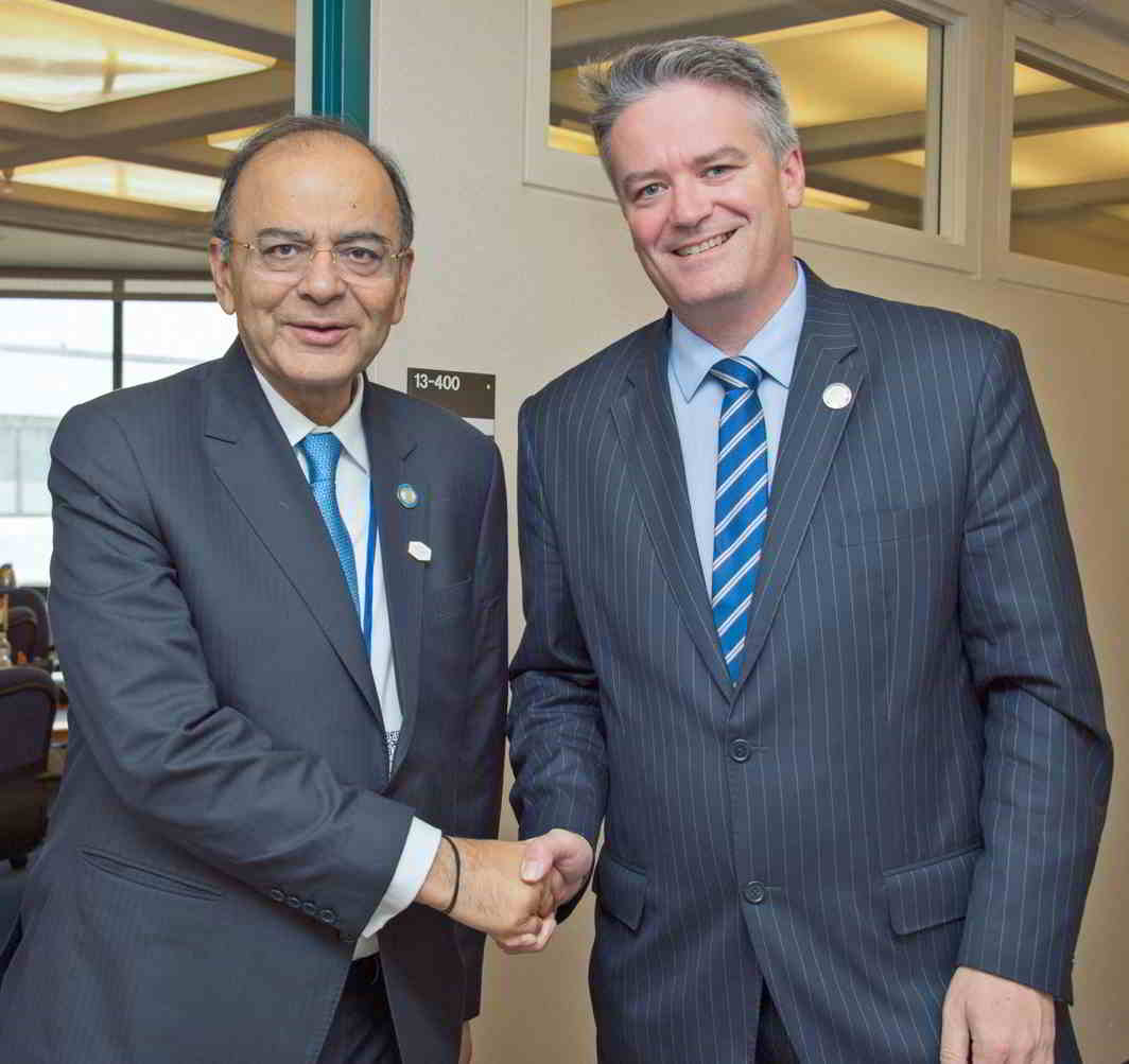 IDEAS EXCHANGE: Union Minister for Finance, Corporate Affairs and Defence Arun Jaitley meets the finance minister of Australia, Mathias Cormann, in Washington DC, UNI