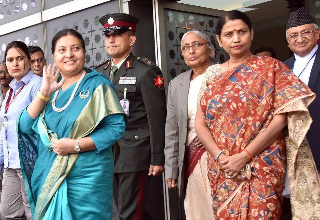 NEIGHBORLY CONDUCT: Nepal President Bidya Devi Bhandari is received by Minister of State for Women and Child Development Krishna Raj, on her arrival in New Delhi, UNI