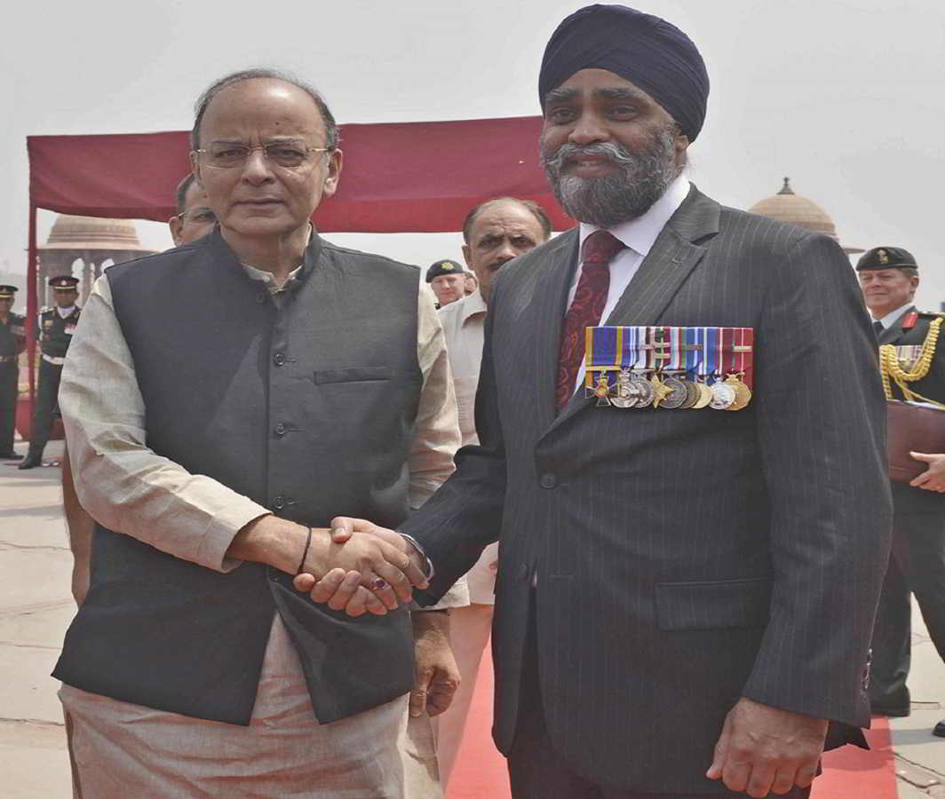 Canadian defence minister Harjit Singh Sajjan being received by Union minister for finance and defence Arun Jaitley in New Delhi on April 18, UNI