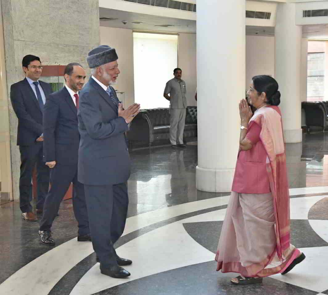 HELLO: Yousuf Bin Alawi Bin Abdullah, minister responsible for foreign affairs, Sultanate of Oman, is received by external affairs minister Sushma Swaraj for a meeting in New Delhi, UNI