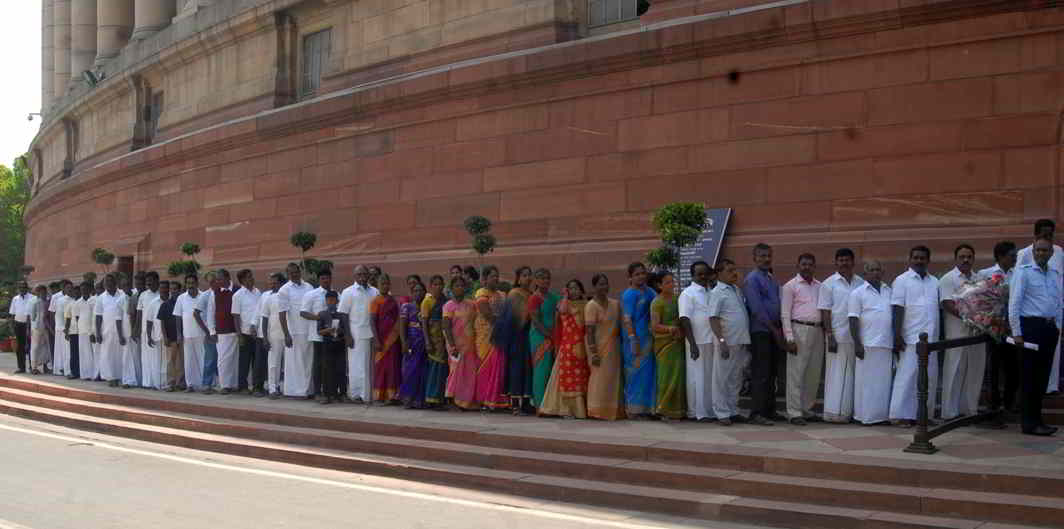 HONOURED GUESTS: A group of people from Tamil Nadu visit Parliament House on the last day of the Budget Session in New Delhi, UNI